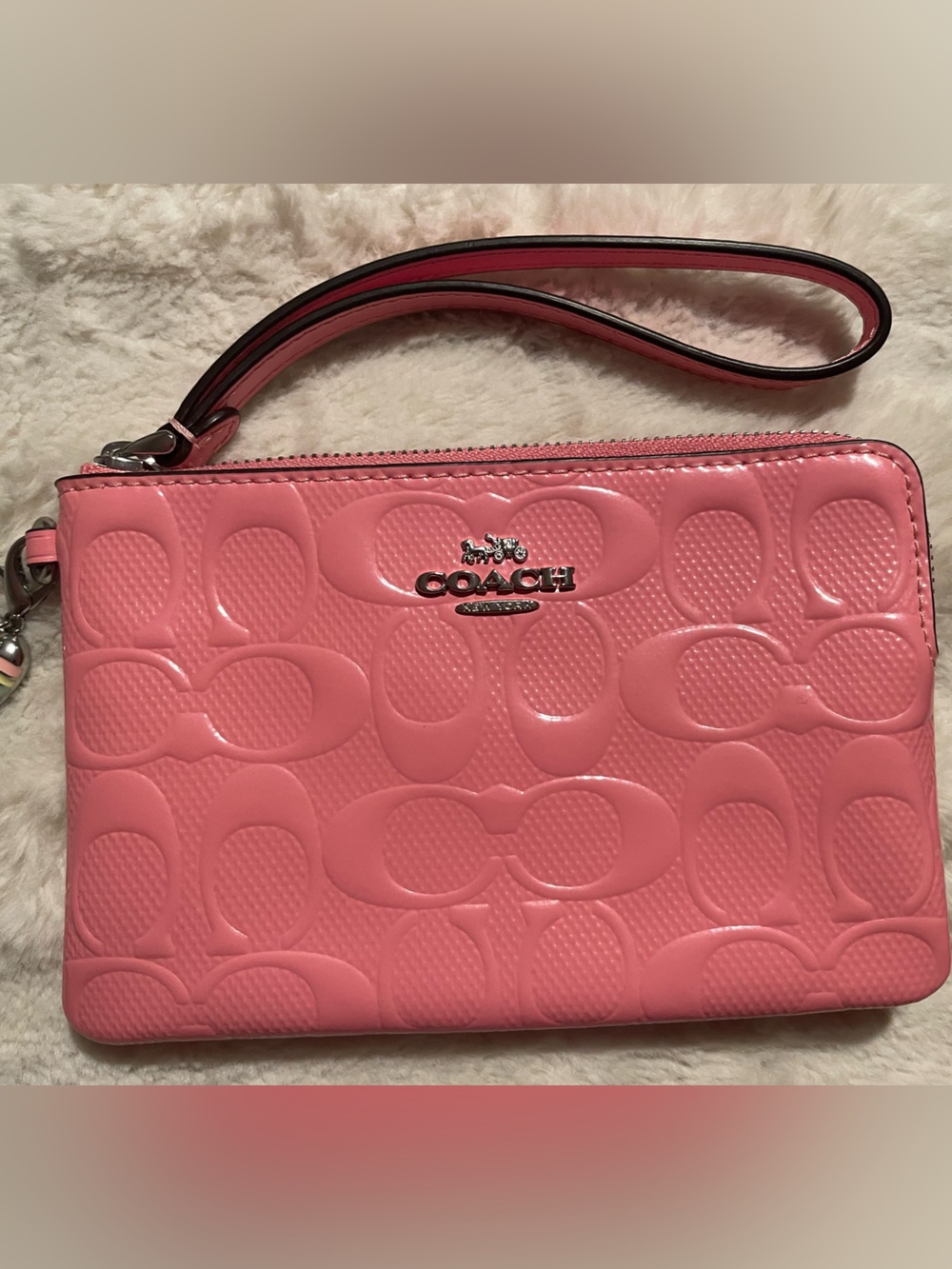 Coach Pink Patent-Embossed Wristlet with Charm